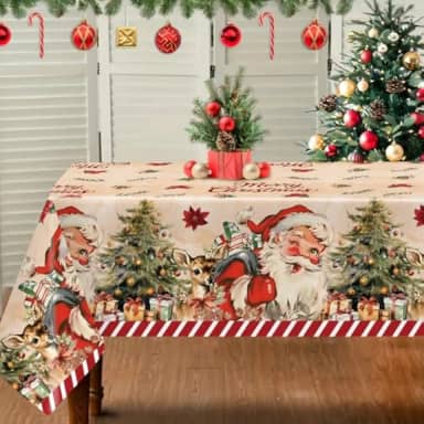Toalha de mesa retangular Merry Christmas – Toalhas de mesa retrô de Papai Noel com estampa de árvore de Natal e rena, capa de mesa vintage resistente a manchas para feriado/jantar/decoração de festa