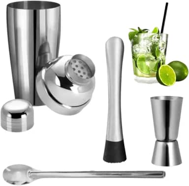 Kit Inox Caipirinha Drinks Coqueteleira Dosador Socador e Colher Inox