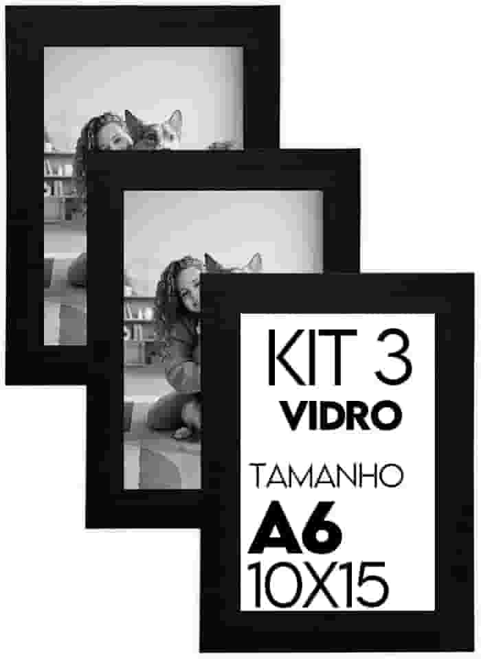 Kit 3 Porta Retrato 10x15 Moldura Fosca C/Vidro Comum (Preto)