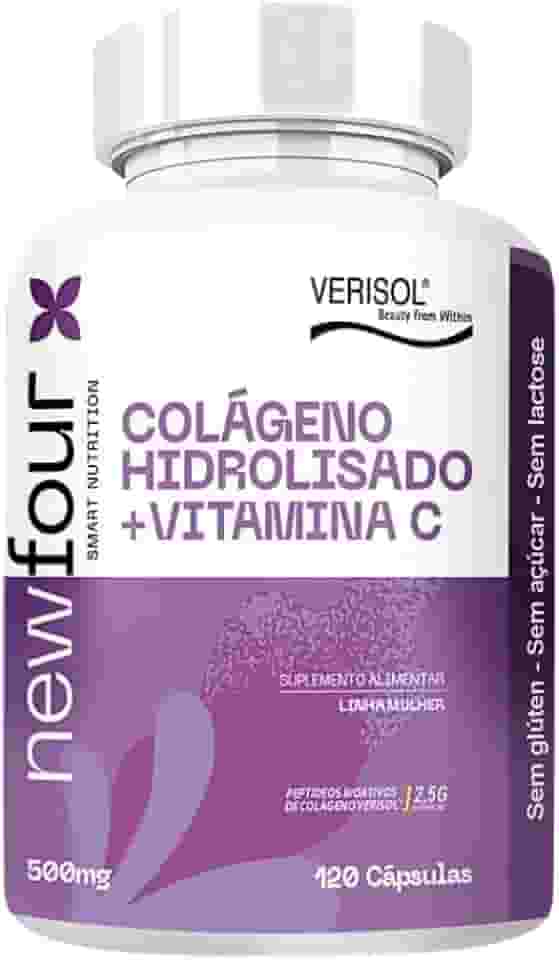 Colágeno Verisol com Vitamina C 520mg NewFour – 120 Cápsulas | Colágeno Hidrolisado Tipo 1 para Pele, Rugas e Flacidez | Elasticidade, Cabelos e Unhas | Sem Glúten, Açúcar e Lactose