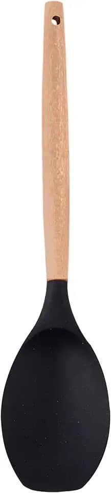 COLHER SILICONE PRETO C/CABO MADEIRA 31,5X6,7X1,7CM - CM48