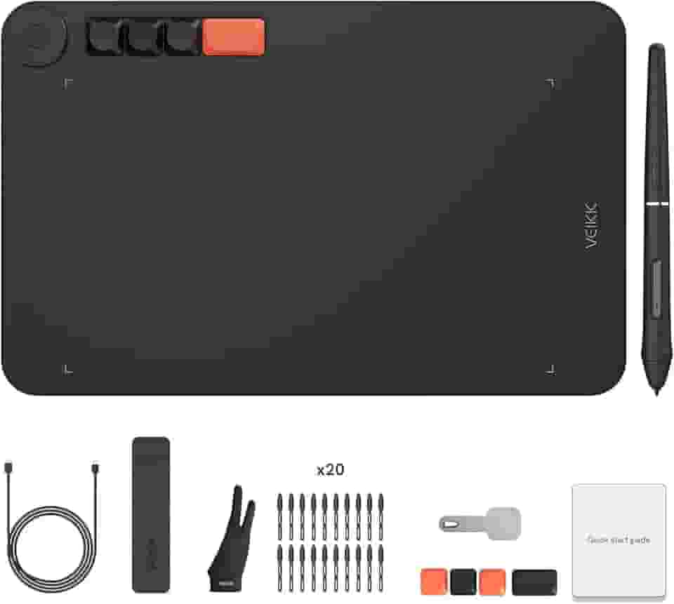 VEIKK Mesa Digitalizadora Tablet gráfico Voila L 25,4 x 15,2 cm, tablet de arte digital com 4 teclas de teclado personalizadas substituíveis, 8.192 níveis para Windows/Mac OS/Linux/Chromebook