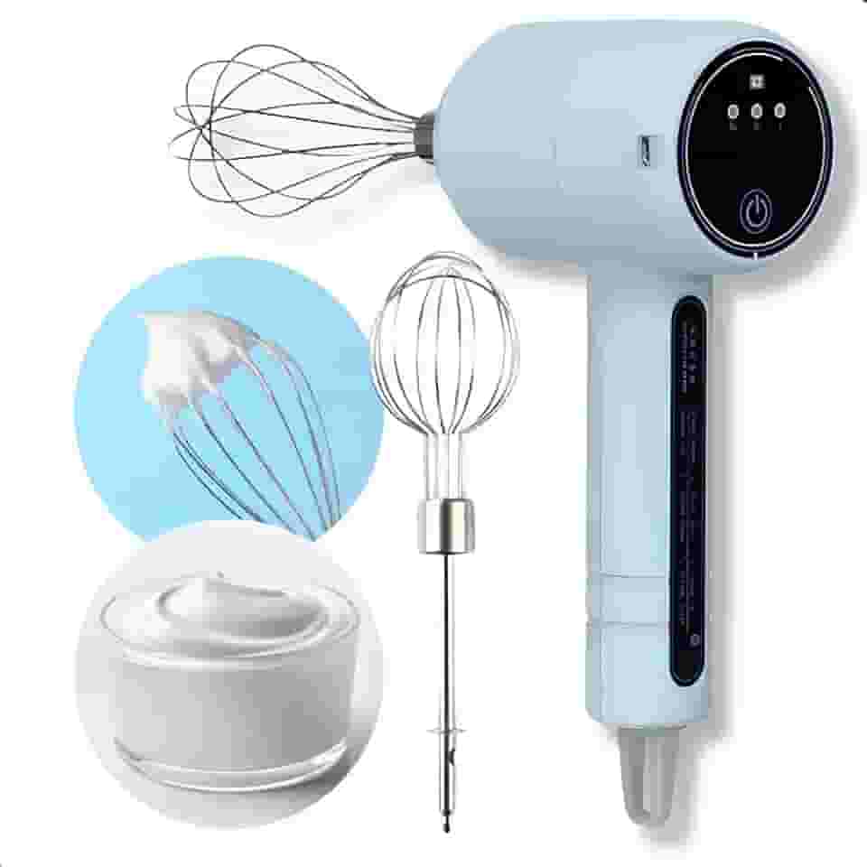 Batedeira Elétrica Portátil USB, 2 Batedores Inox, 3 Velocidades, Recarregável, Azul