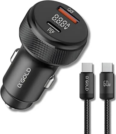 Carregador Veicular Turbo 60W Para Automóvel Carregador de Carro Duas Entradas com Carregamento Super Rápido + Cabo USB-C Premium Compatível Com Dispositivos IOS e Android