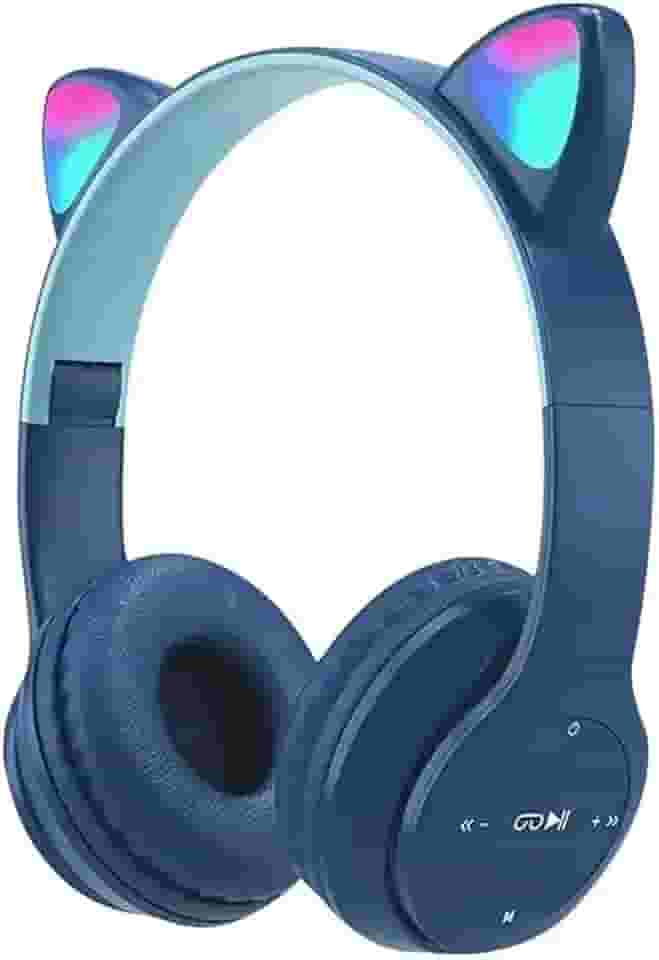 Fone De Ouvido Com Orelha de Gatinho Cat Ear Headphone Bluetooth com Luzes RGB para crianças e adultos (Azul Escuro/Azul Claro)