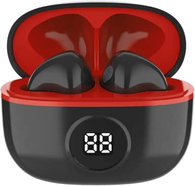 WB Fone de ouvido Bluetooth In-ear Mini IO, Sem fio, Display Digital, Bateria 20h, IPX4, Super Bass, Compacto, Touch sensível ao toque, Conexão automática, Vermelho