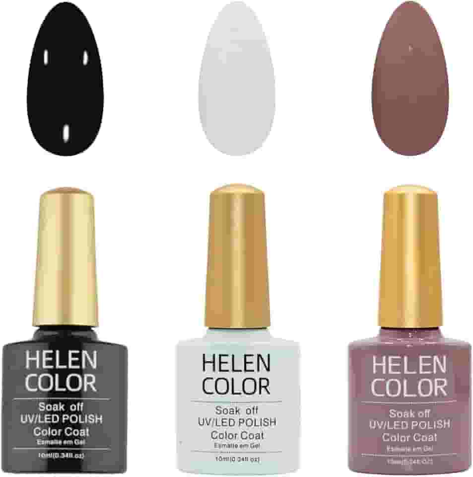 HELEN COLOR Kit 3 Esmaltes em Gel UV/LED 10ml Cada Frasco Secagem Rápida Alta Durabilidade Acabamento Brilhante (Básicos)