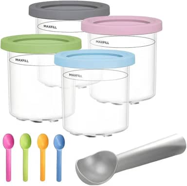 Conjunto de Potes para Sorvete, 4 Recipientes com Tampas Coloridas, Colheres e Acessórios,Adequado Para Fazer Sorvete