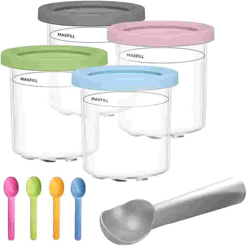 Conjunto de Potes para Sorvete, 4 Recipientes com Tampas Coloridas, Colheres e Acessórios,Adequado Para Fazer Sorvete