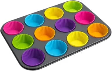 Assadeira Antiaderente em Aço Carbono com 12 Formas de Silicone Reutilizáveis – Ideal para Cupcakes, Muffins, Bolos e Pães de Queijo – Utensílio Prático e Durável para Cozinha