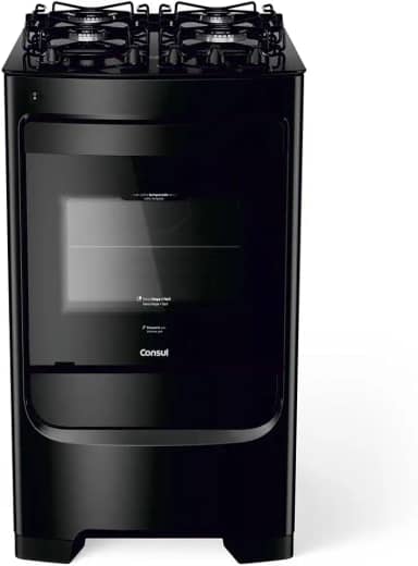 Fogão Consul 4 bocas preto com mesa de vidro e grades individuais super estáveis - CFO4VBE BIVOLT