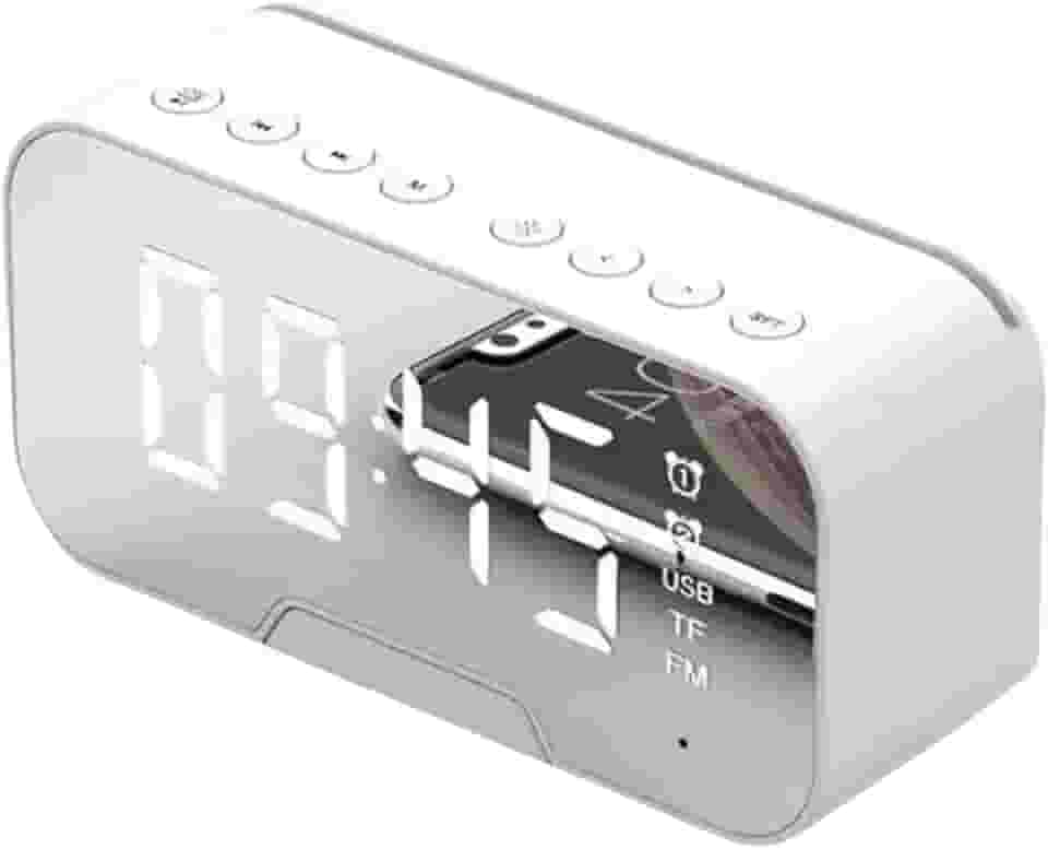 Relógio Digital e Caixa de Som com Alto Falante Bluetooth, Tela Espelhada Portátil e Compacto com Led Luminoso, Alarme Duplo, Display de Temperatura, Temporizador de Sono (Branco)