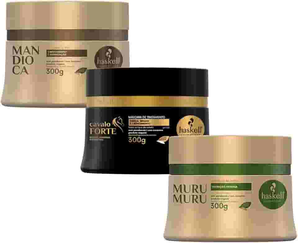 Kit Cronograma Capilar para Cabelos Ressecados Máscara Mandioca Hidratação, Cavalo Forte Reconstrução, Murumuru Nutrição