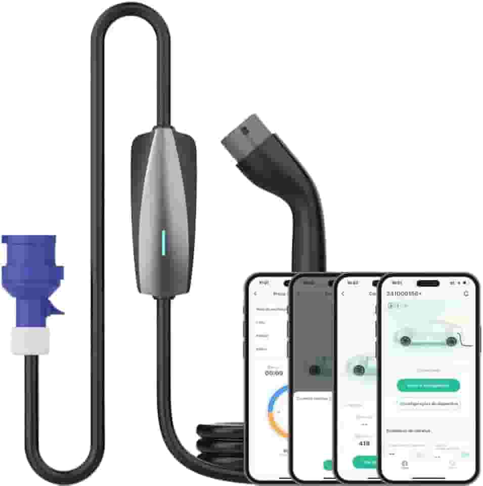 Carregador Portátil Para Carro Elétrico Tipo 2, 32a, 7,4kw, APP habilitado para WiFi e Bluetooth, com fio, interno/externo, cabo 5 Metros, certificado CE, Wallbox