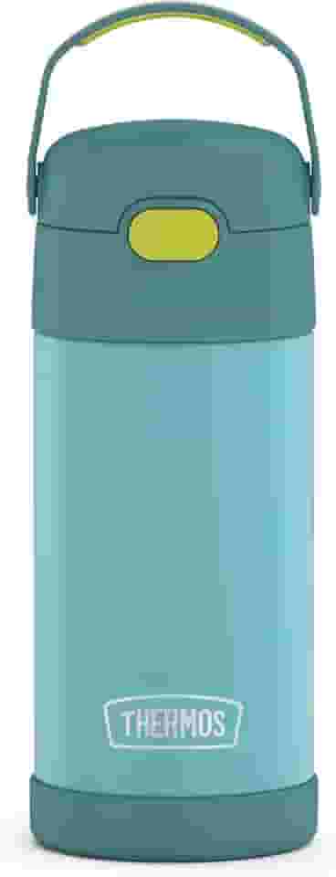 THERMOS FUNTAINER Garrafa de água com canudo - 340 g - Garrafa de água infantil isolada a vácuo de aço inoxidável com tampa, azul/verde