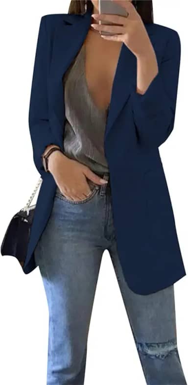Womens Solid Color Open Front Blazer Long Sleeve Office Jacket Work Cardigan with Pockets Plus Size