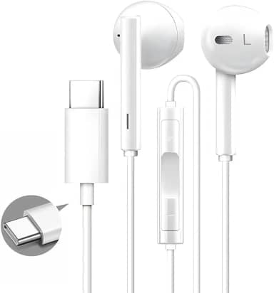 Fone de Ouvido USB-C com Microfone e Controle de Volume – Compatível com Samsung, Motorola, LG e iPhone (Branco) – Áudio Estéreo, Fone Tipo C com Fio, Ideal para Música, Jogos em Smartphones