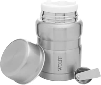 WOLFF - Pote Térmico com Dupla Parede de Aço Inox e Colher - INOX - 480ml - Pote para Marmita, Sopas, Frutas, Temperos, Bebidas - Ótima Vedação