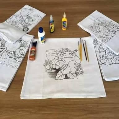 Pano de Prato Branco Riscado para Pintura e Bordado – Tecido de Algodão, Ideal para Personalização, Kit com 10 Unidades, Artesanato e Decoração de Cozinha