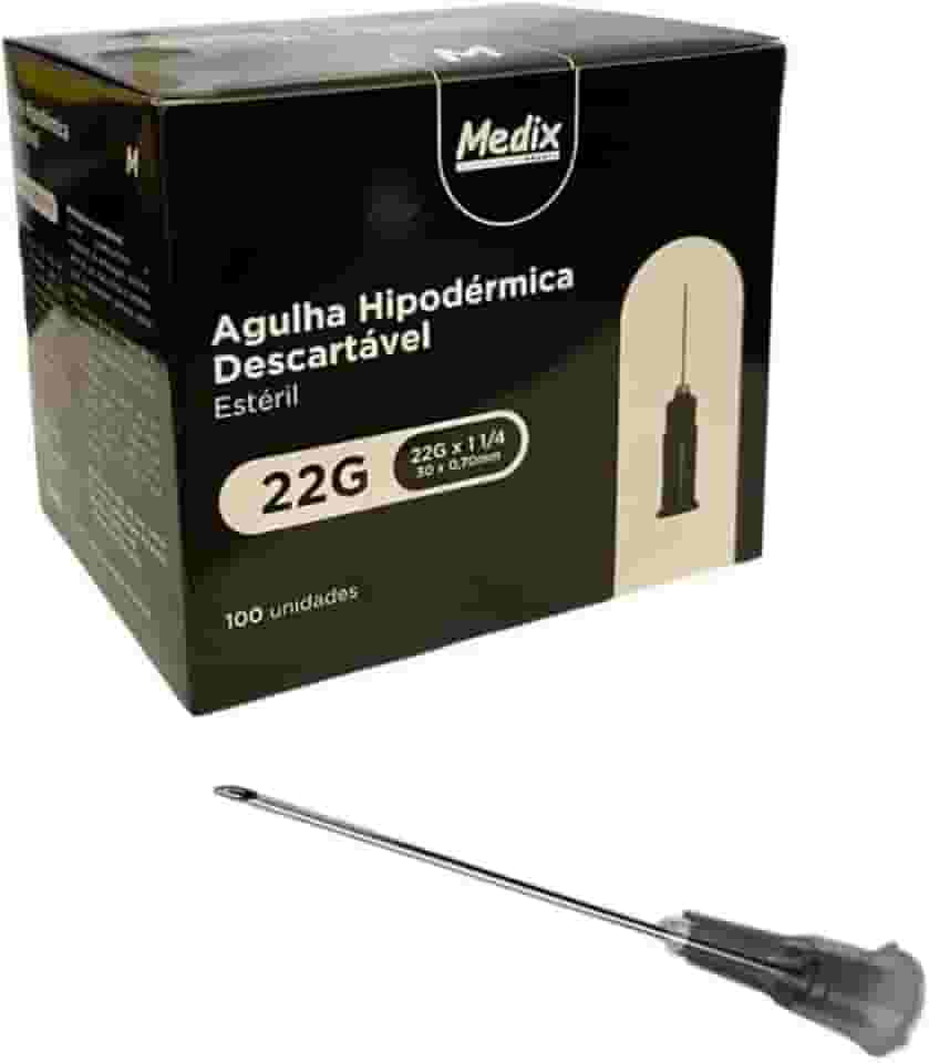 Agulha Hipodérmica Descartável, 30x0,7mm (22G), Estéril, Aço Inoxidável, Compatível com Luer Slip e Lock, Caixa com 100 Unidades