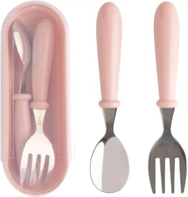 Jogo Talheres Colher Garfo Inox Infantil Kit Com Estojo Bebê, introdução alimentar, passeios e viagens, Rosa - Clink