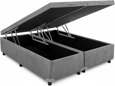 Cama Box Baú King Bipartido 96, Blindado, Pistão á Gás, Pés de Madeira (Suede, Cinza)