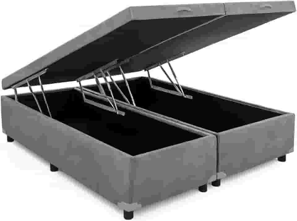 Cama Box Baú King Bipartido 96, Blindado, Pistão á Gás, Pés de Madeira (Suede, Cinza)
