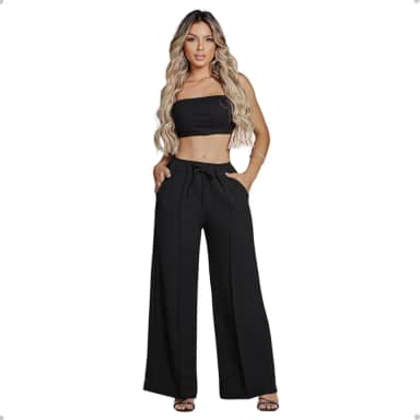 Calça Feminina Pantalona Cintura Alta Cós Largo Duna