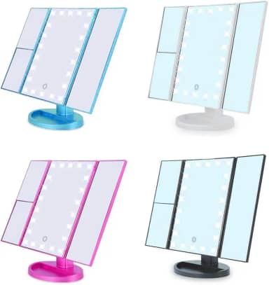 ESPELHO DE MESA GIRATORIO COM ILUMINAÇÃO DE 22 LEDS E AUMENTO PARA MAQUIAGEM, BARBA E LIMPEZA DE PELE PORTATIL