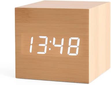 Relógio Despertador De Mesa Digital Moderno De Madeira Com Controle De Voz Cubo