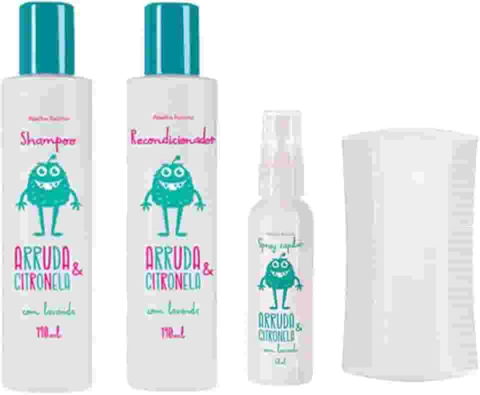 Kit Mata Piolho e Lêndeas,Arruda e Citronela Shampoo, Condicionador, Spray Abelha Rainha e Pente fino