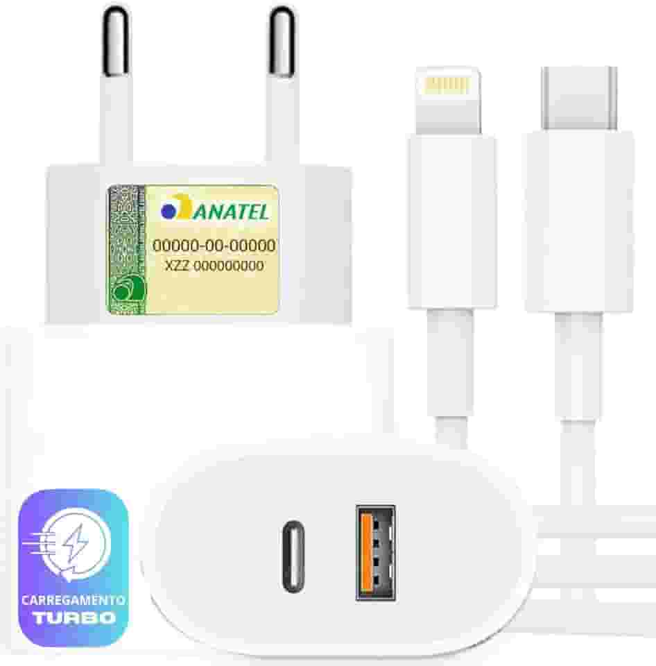 Carregador Turbo 40W Compatível iPhone X Xr 8 11 12 13 14 Plus Pro Max iPad Duas Entradas USB e USB-c Tipo C Com Cabo Tipo C-Lightning Carga Rápida Tecnologia PD FAST DUO ®