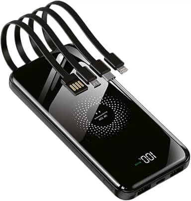 Power Bank 10000mAh com Carregamento por Indução, 4 Cabos Embutidos, USB-C, USB, V8, Lightning, Micro USB, iPhone, Android, Visor LED, Portátil, 6 Dispositivos, Carregador Portátil,