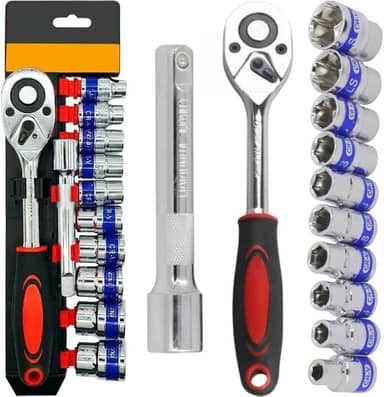 Jogo de Soquetes com Catraca Reversível, 12 Peças, 8-24mm, Chave Catraca 1/2 Polegada