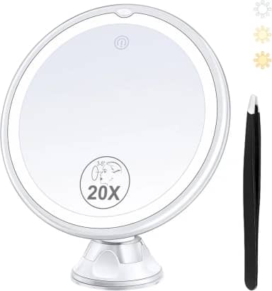 B Beauty Planet Espelho de aumento com luz, espelho de aumento iluminado 20X com ventosa e pinça
