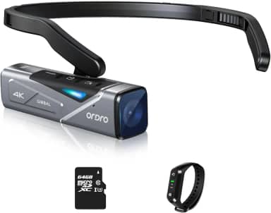 ORDRO Câmera de vídeo EP7 4K 60FPS montada na cabeça, controle de aplicativo Wi-Fi, estabilizador gimbal de 2 eixos com controle remoto, cartão de memória de 64 GB