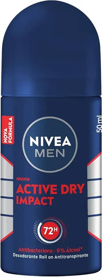 NIVEA MEN Desodorante Antitranspirante Roll On Dry Impact 50ml - Proteção prolongada de 72h, dupla proteção antitranspirante, proteção extra seca, sem alumínio, corantes e conservantes