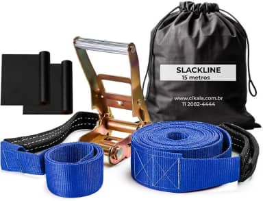 Slackline Azul 15 M Catraca + Alças + Protetores + Bolsa