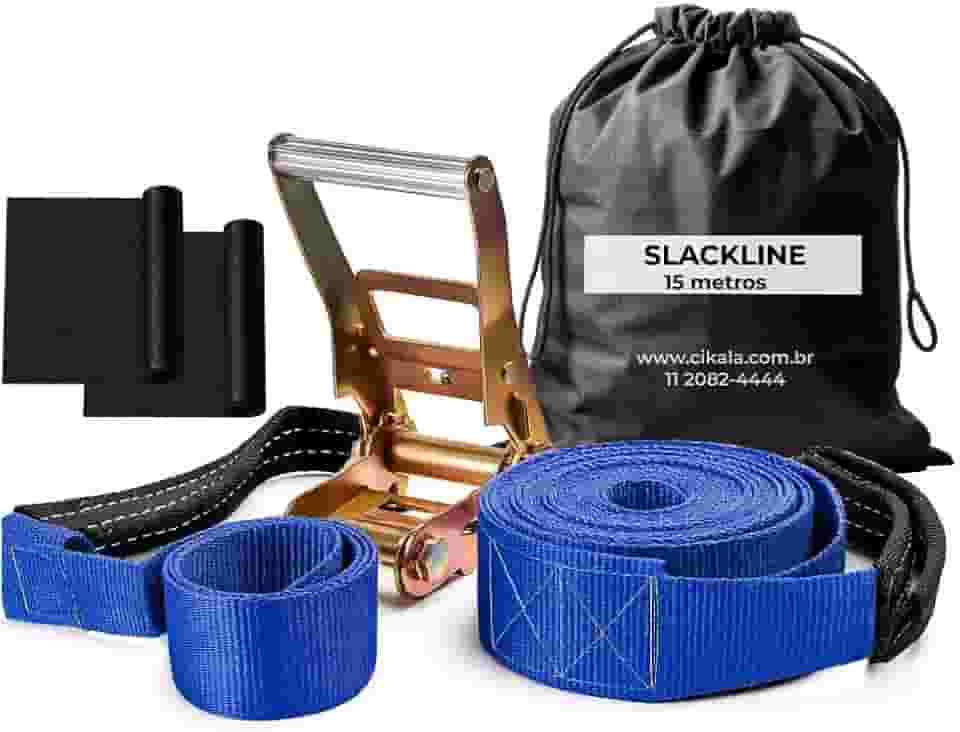 Slackline Azul 15 M Catraca + Alças + Protetores + Bolsa