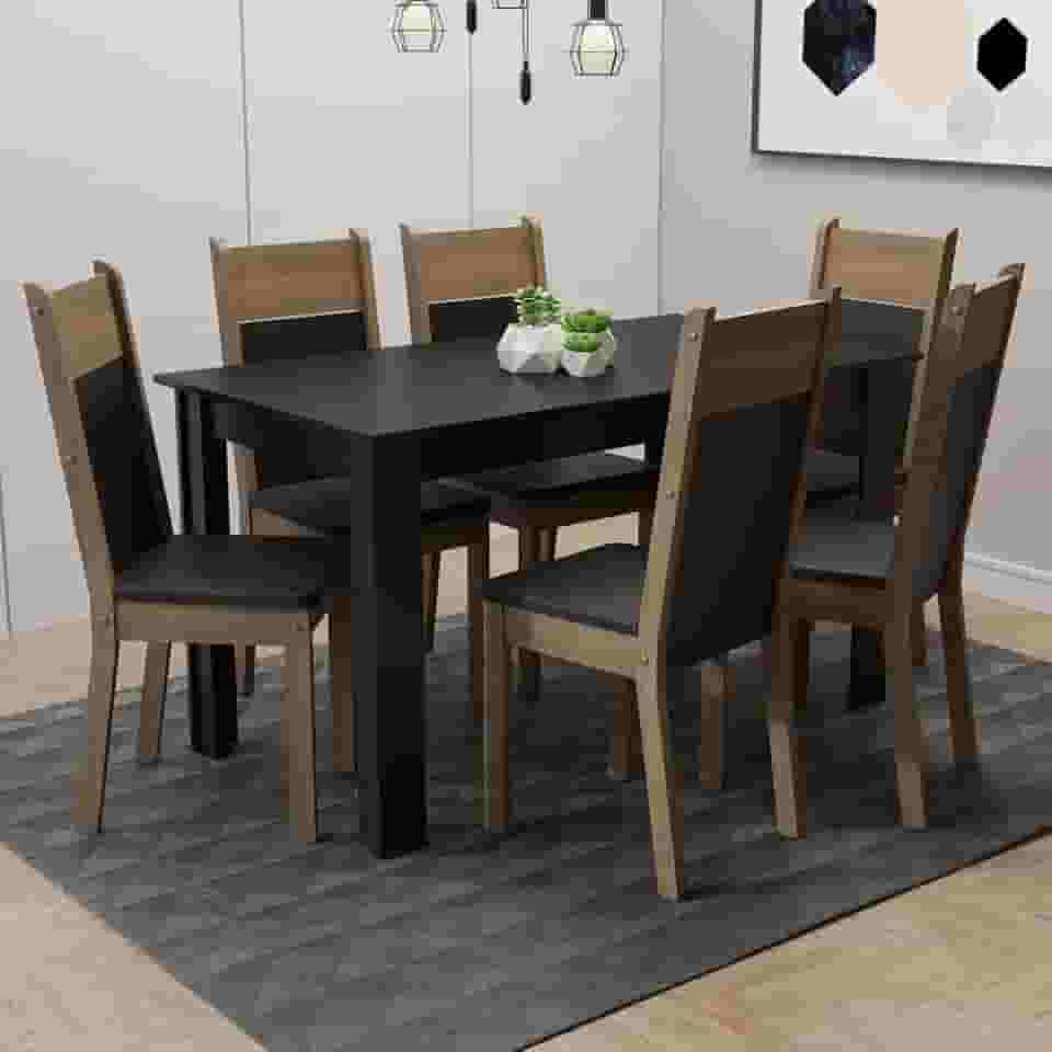 Conjunto Sala de Jantar Madesa Medelin Mesa Tampo de Madeira com 6 Cadeiras - Preto/rustic/sintpreto