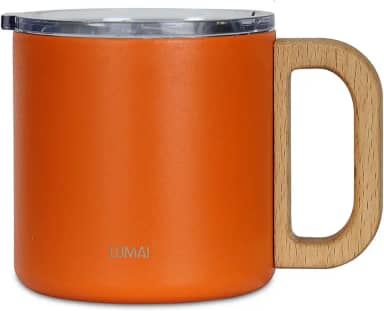 LUMAI Caneca Térmica Vietnã 350ml Aço Inoxidável, Parede Dupla Isolada a Vácuo, Mantém Bebidas Quentes ou Frias por Horas, Tampa Vedada Antivazamento, Alça de Madeira – Laranja