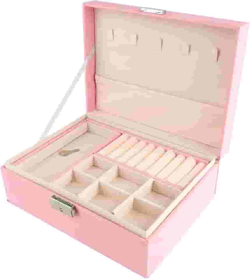 Amarme - Maleta Porta Joias Elegance Interior em Veludo com Tranca. Estojo Organizadora Grande de Dupla Camada para Joias, Brincos, Anéis, Bijuterias. Porta Jóias para Viagem Porta-Jóias Luxo (Rosa)