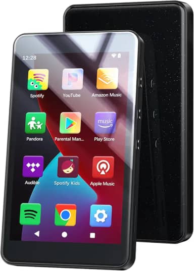 Leitor de MP3 de 96 GB com Bluetooth e WiFi, leitor de música Android 14 com Play Store, Spotify, Pandora, Audible, Libby, MP3 e MP4 de tela plana de 4 polegadas para crianças com modo de cuidados com