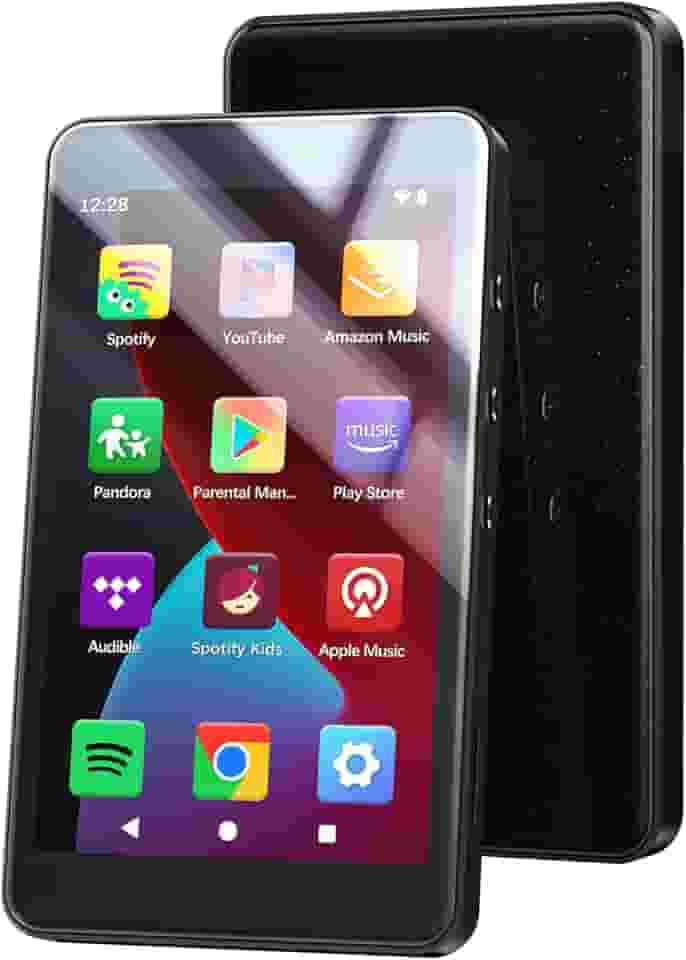 Leitor de MP3 de 96 GB com Bluetooth e WiFi, leitor de música Android 14 com Play Store, Spotify, Pandora, Audible, Libby, MP3 e MP4 de tela plana de 4 polegadas para crianças com modo de cuidados com