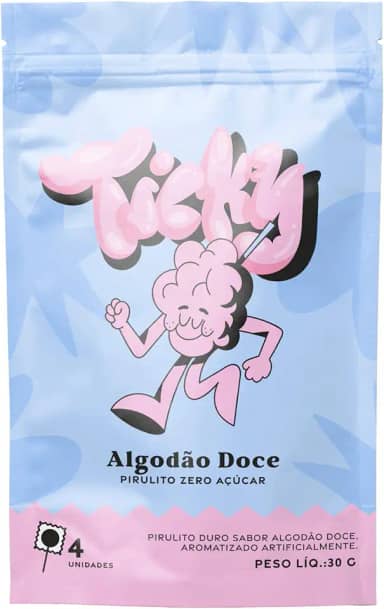 Ticky Pirulito Zero Açúcar Sabor Algodão Doce, 4 Pirulitos