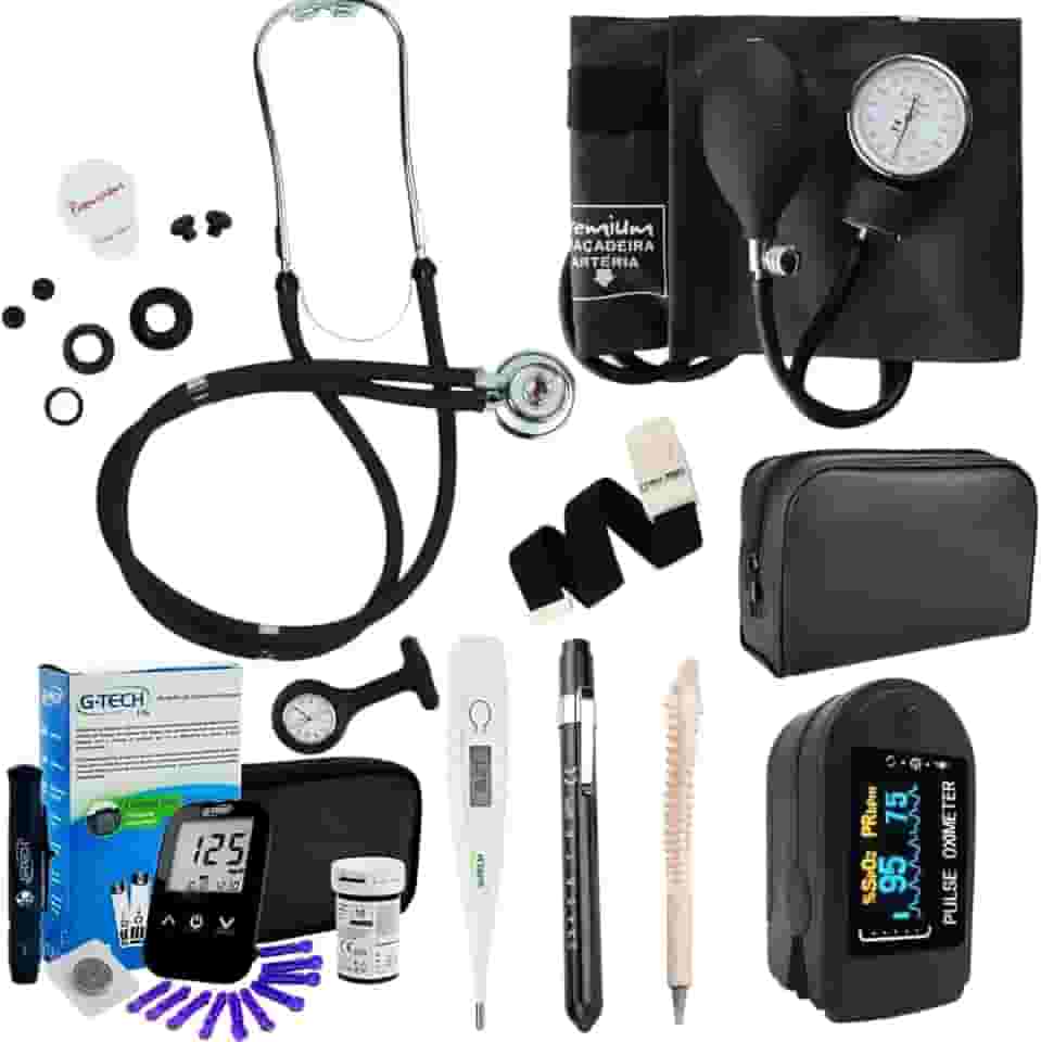 Kit Enfermagem Completo Preto Estetoscópio Esfigmomanômetro Oximetro Glicosímetro Garrote Termometro, Lanterna Clínica, Relógio Lapela + Caneta de Osso
