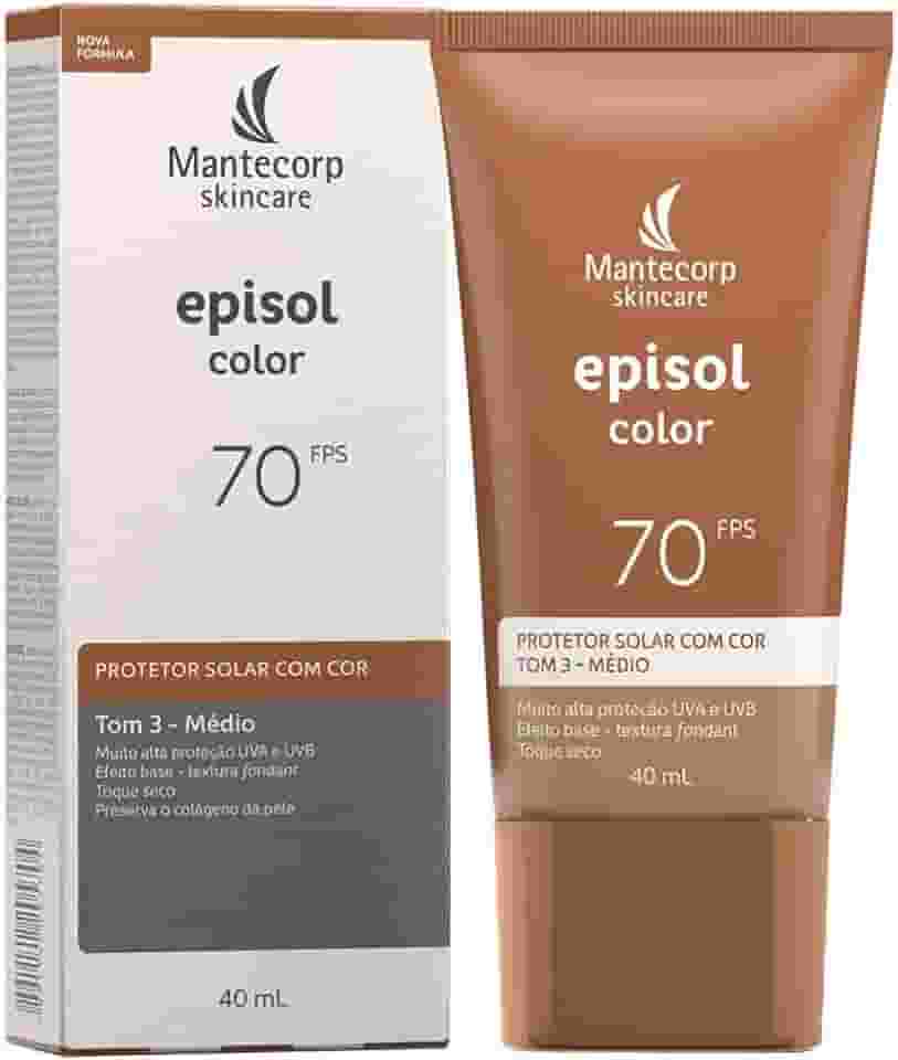MANTECORP - Protetor Solar Facial Episol Color FPS 70 - Efeito Base, Alta Proteção UVA e UVB, Toque Seco, Rápida Absorção - Tom 3 Médio - 40ml
