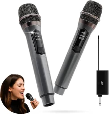 Kit 2 Microfones Sem Fio Duplo UHF, Microfone Karaoke, Dinamico, Microfone de Mão Profissional para Festas, Eventos, Aulas, Palestras, Igreja, Desempenho, Entretenimento Familiar - Final de Ano