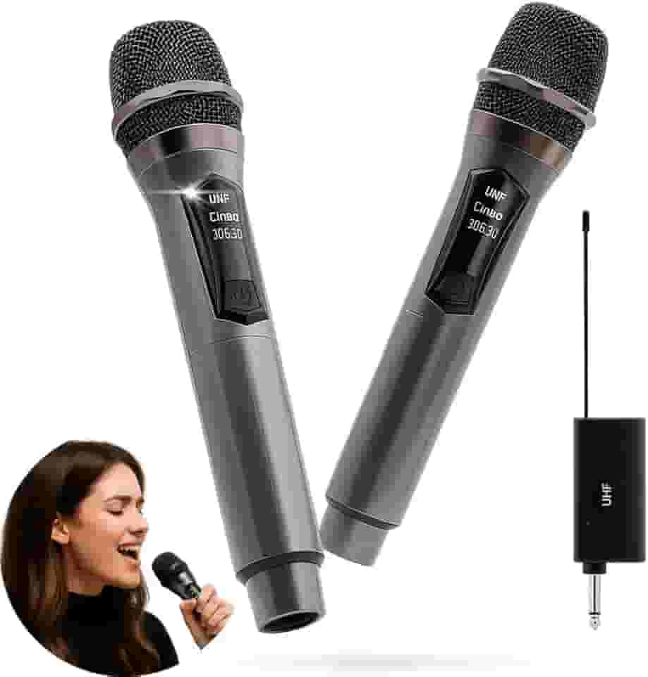 Kit 2 Microfones Sem Fio Duplo UHF, Microfone Karaoke, Dinamico, Microfone de Mão Profissional para Festas, Eventos, Aulas, Palestras, Igreja, Desempenho, Entretenimento Familiar - Final de Ano