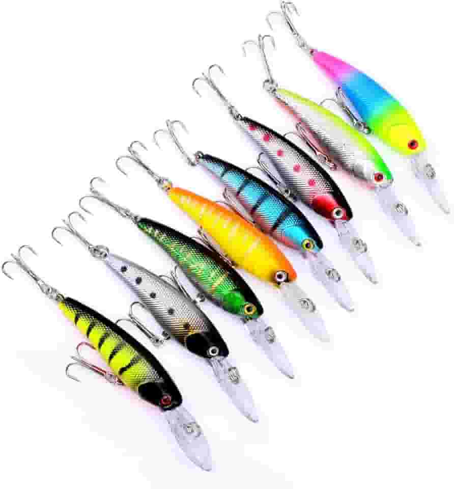 Conjunto de 8 iscas de pesca, iscas de natação, minnow artificiais, iscas realistas, equipamento de pesca para truta e salmão